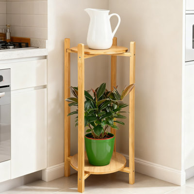 Support pour distributeur d'eau en bois naturel avec 2 tablettes rondes pour bouteilles de 1 à 5 gallons, pots à eau et plantes, assemblage facile avec la quincaillerie incluse