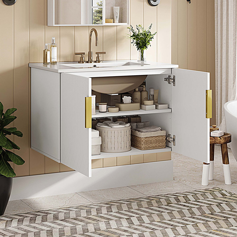 Armoire de salle de bain 30 po avec lavabo en céramique 30 po et 2 portes, Blanc