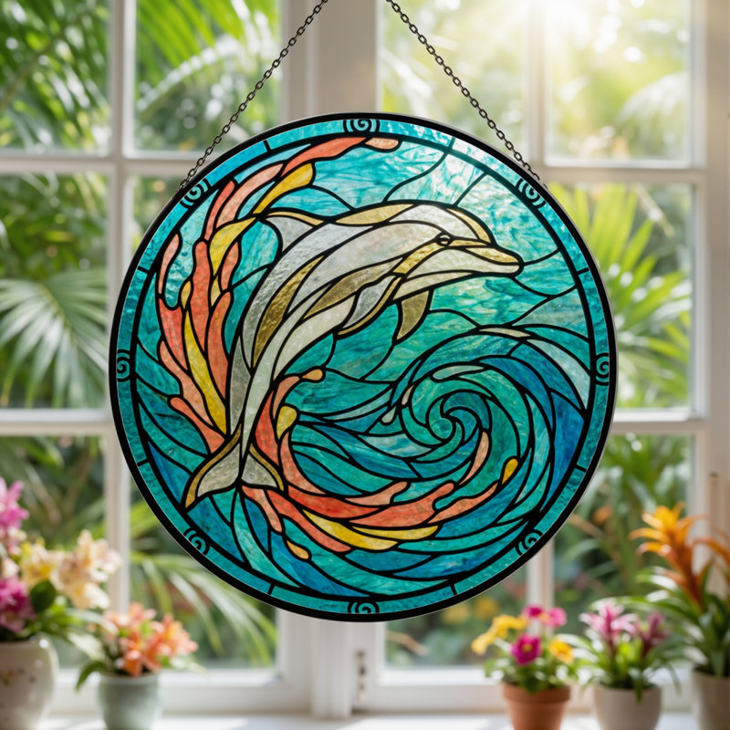 7.8"H Dolphin Wave Stained Glass Window Panel, 7.8" H x 7.8" W