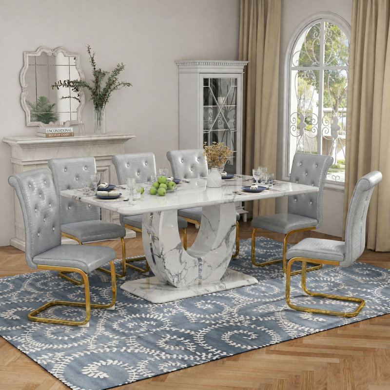 Ensemble de salle à manger 63 "Modern Glam, 7 pièces : table, 6 chaises, Gris / Or