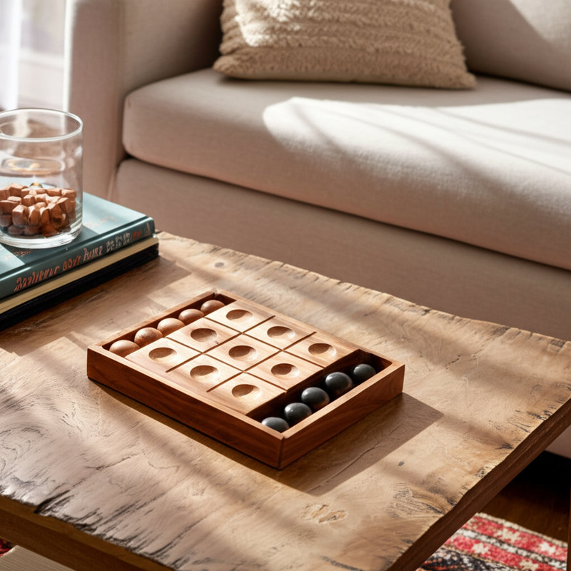 Tic-Tac-Toe Game Wood Mango Wood Casual Style Decorative Accent for Home Office Bedroom or Living Room Use - 2" Brown