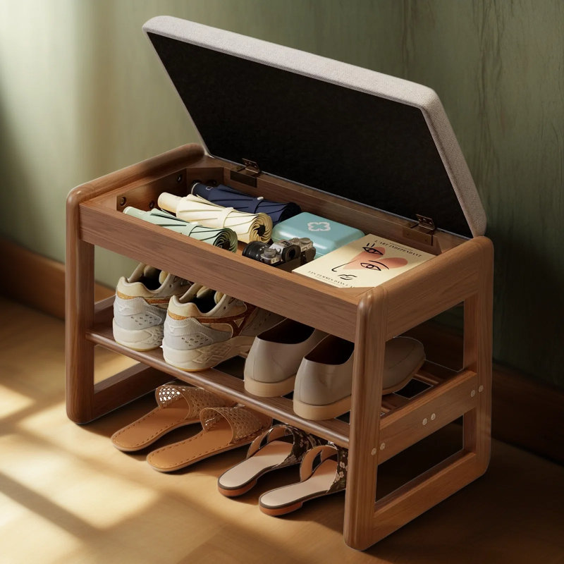 Banc à chaussures avec siège de rangement et couvercle rabattable, étagère à chaussures à 2 niveaux avec compartiment caché, organisateur de couloir en bois robuste pour les bottes et les chaussures