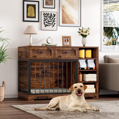 Elegant 47" Large Wooden Dog Crate Furniture – Indoor Kennel Cage, 2 Drawers & 4 Shelves, TV Stand Dog Bed Sofa for Medium, Large Dogs – Brown