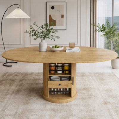 59-Inch Extendable Oval Dining Table with 2-Tier Storage and Pedestal Base
