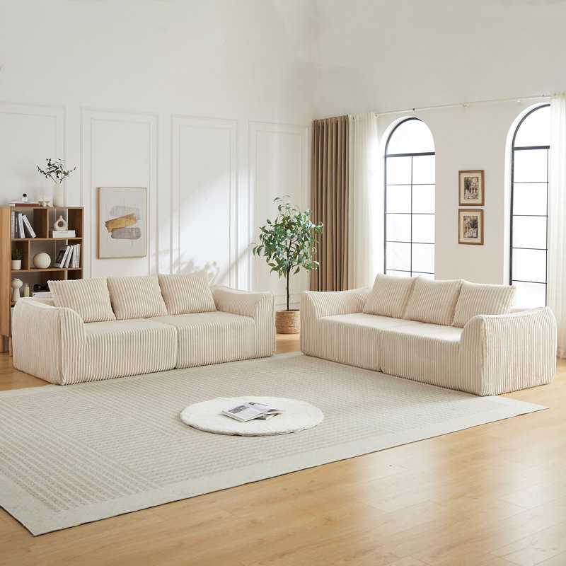 Ensemble de canapé Minimalist 3 + 3 places en velours côtelé avec lignes courbes et dossier légèrement incliné, livré avec 6 coussins décoratifs en forme de corne beige
