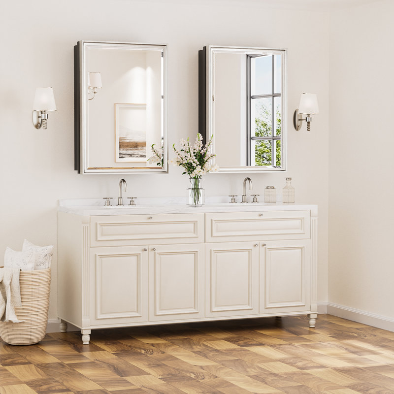 Cyrille Recessed & Surface Framed Medicine Cabinet with Mirror and Shelves, 36" H x 24" W x 5.2" D, Nickel