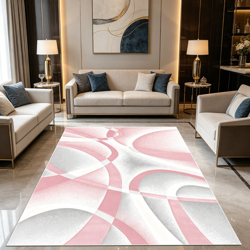 1PC soft pink light grey white abstract swirling geometric area rugs for Living Room, Soft and Comfortable, Suitable for all seasons, easy-to-maintain, machine washable Indoor floor mat, Under Table Farmhouse suitable for dining room, bedroom, front