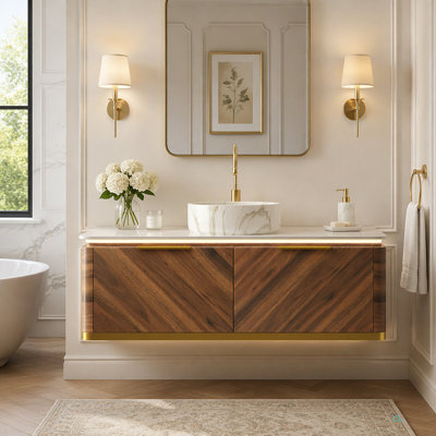 Meuble-lavabo et évier de salle de bain 48 po DIPA, armoire de rangement en contreplaqué flottant, tiroirs avec poignée et capteur de lumière, vasque en céramique à motif de pierre et plateau en pierre frittée, pré-assemblé