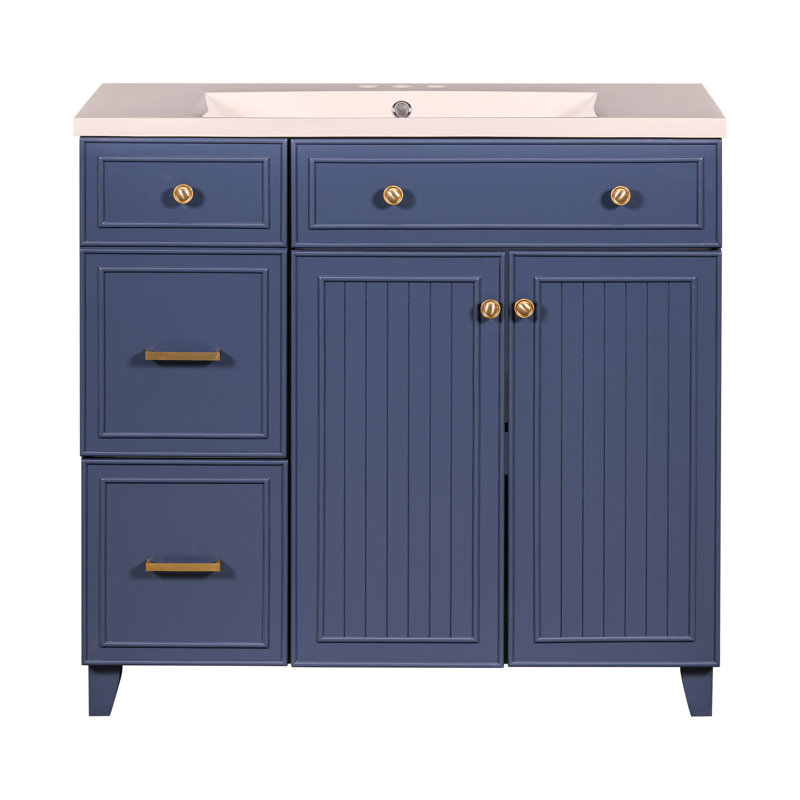 Armoire de salle de bain de style transitionnel de 36 pouces avec lavabo en résine, 2 tiroirs et 1 tablette de rangement réglable