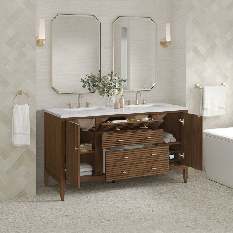 Myrrin 60" Double Bathroom Vanity Set, Mid-Century Walnut, 8" Widespread, Tajnar Eclos