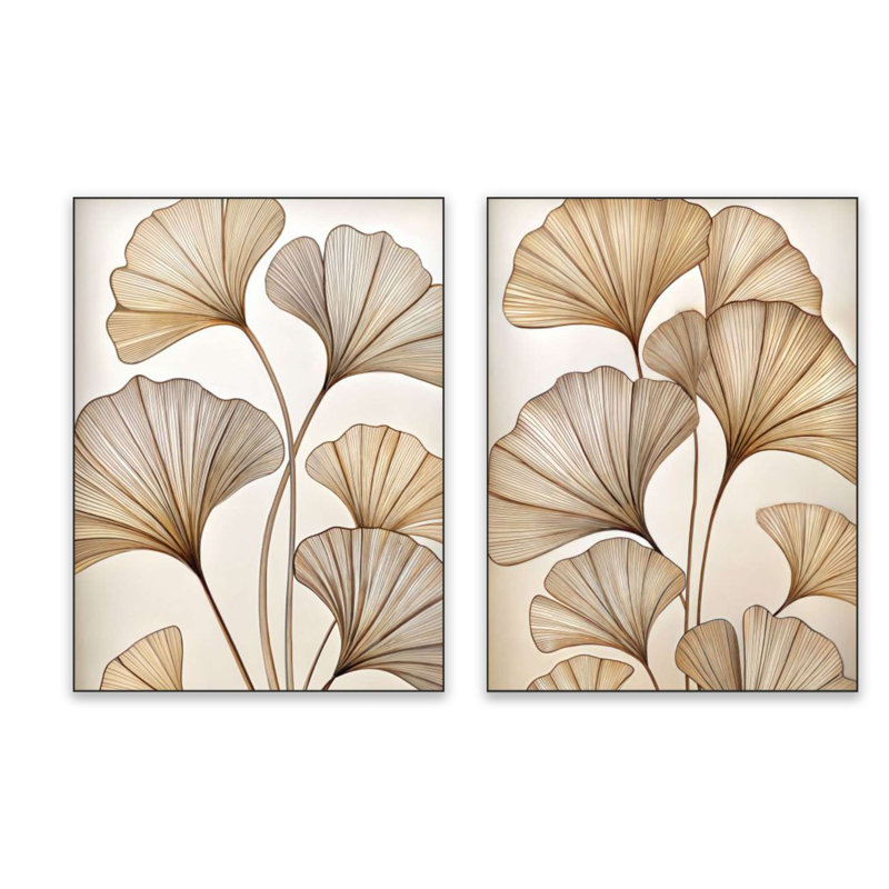 Ensemble de 2 décorations murales abstraites à motif de feuilles de ginkgo doré, H 23,6 po x l 31,4 po