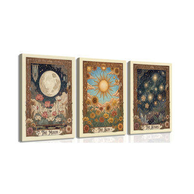 3Pcs Tarot Canvas Wall Art Boho Flower Mystical Astrology Painting Vintage Sun And Moon Celestial Botanical Posters Print For Bedroom Living Room Meditation Space Decorations Direct Suspension 12X16in