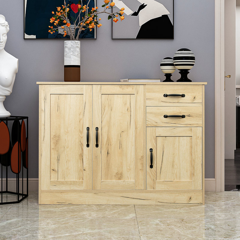 43.3 Inch Oak Home Buffet Sideboard - Modern With 2 Doors, 1 Storage, Drawers For Dining & Entryway Doors Storage Room