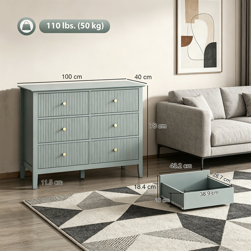 100 cm W Chest of 6 Drawers, Green