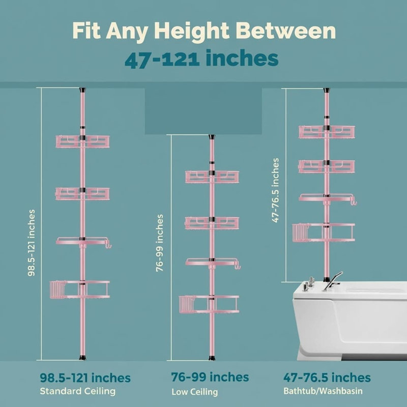 Étagère de douche d'angle rose à 4 niveaux avec barre de tension, réglable de 119 à 307 cm, antirouille
