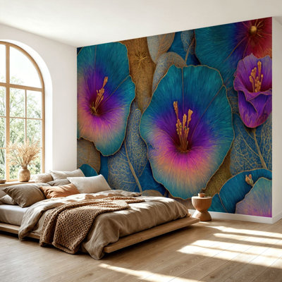 Peel and Stick Wallpaper 69" L x 96" W Modern Self Adhesive Wall Mural for Bedroom - With Midnight Blue Rose Gold Botanical Print