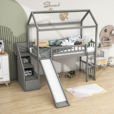 Twin Size Wooden Loft Bed with Slide and Storage