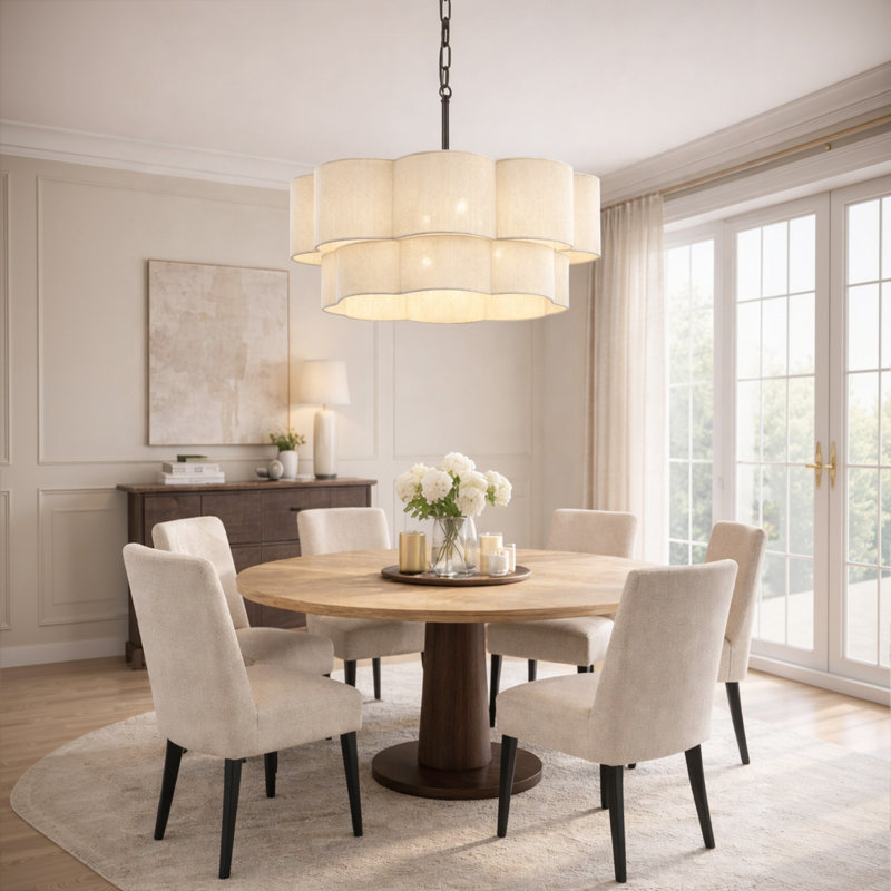 23.2" 6-Light Scalloped Rope Drum Chandelier, Bronze, Beige