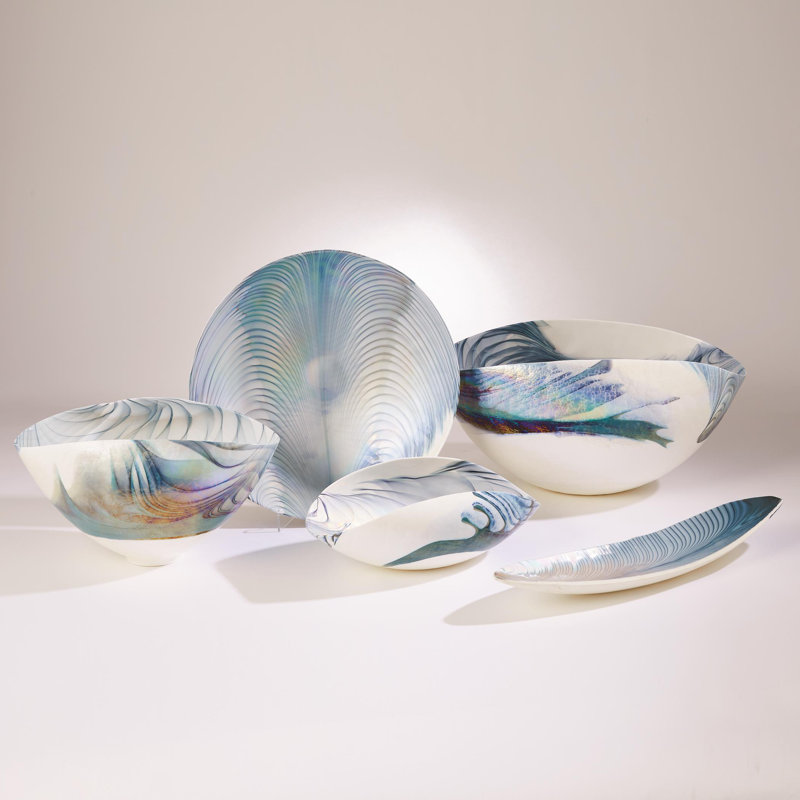 Ivory Turquoise Feather Swirl Oval Bowl-Lg