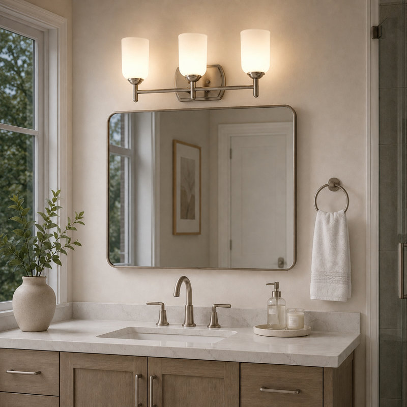 Éclairage pour salle de bain en nickel satiné à 3 lumières Laurelhurst, 22 po de largeur, verre blanc givré, acier, à intensité variable, compatible DEL, fixation réversible