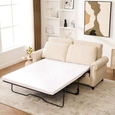 Canapé-lit deux places beige, 207 cm, matelas inclus, idéal pour les petits espaces, mousse haute densité, 8,5 cm de mousse à mémoire de forme, sommier en bois massif et métal.