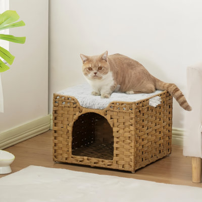 Handwoven Wicker Cat House, Rattan Style Enclosed Cat Condo with Foldable Design, Indoor Pet Hideaway for Cats and Small Dogs