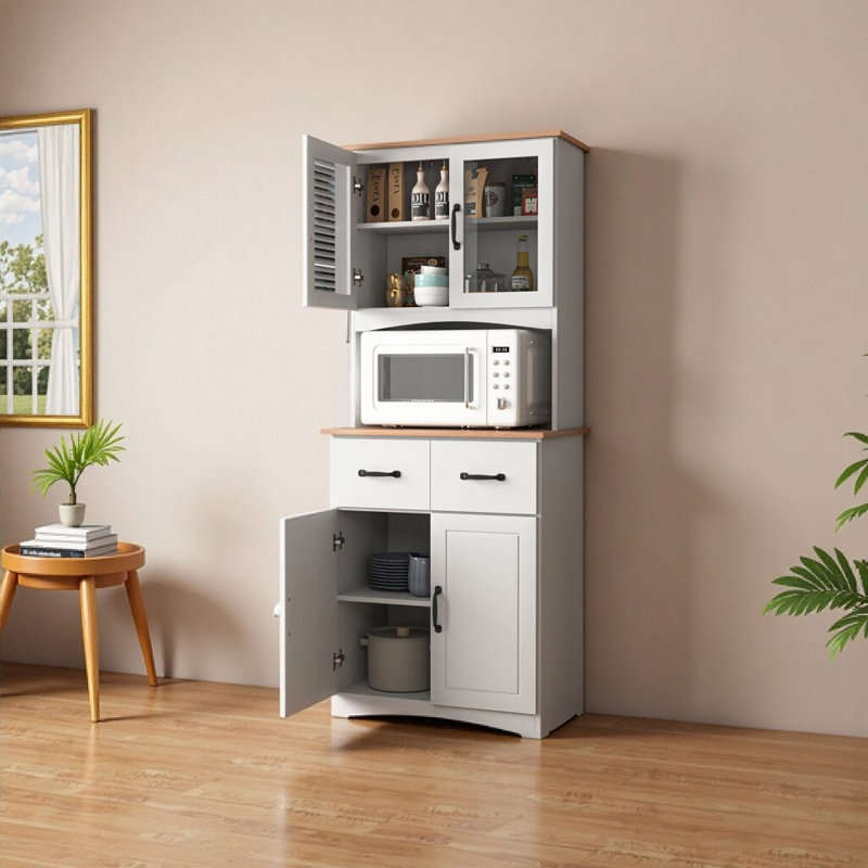 White Microwave Pantry Cabinet with Glass Doors & Drawers, Wood Countertop Kitchen Storage Hutch (23.62"L x 15.75"W x 66.90"H)