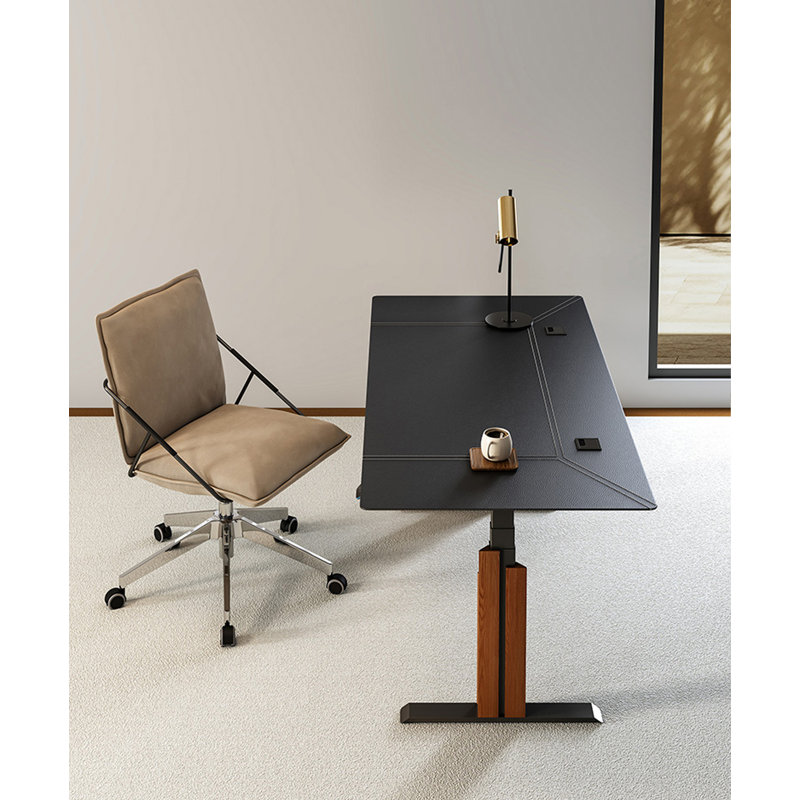 Leather-Wrapped Height Adjustable Desk with Steel Legs, 23.6" H x 63" W x 27.6"D