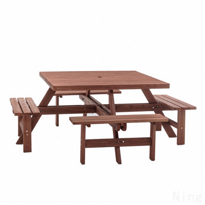 Table de pique-nique carrée pour 8 personnes avec trou pour parasol