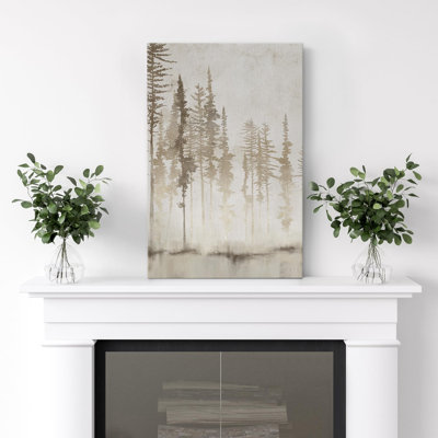 Forêt enchantée, brume sépia, arbres, art moderne, décor floral, botanique minimal