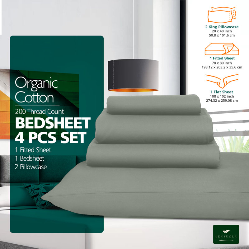 Ensemble de draps 100% satin de coton 200 fils respirant et rafraîchissant, Très grand, Sauge