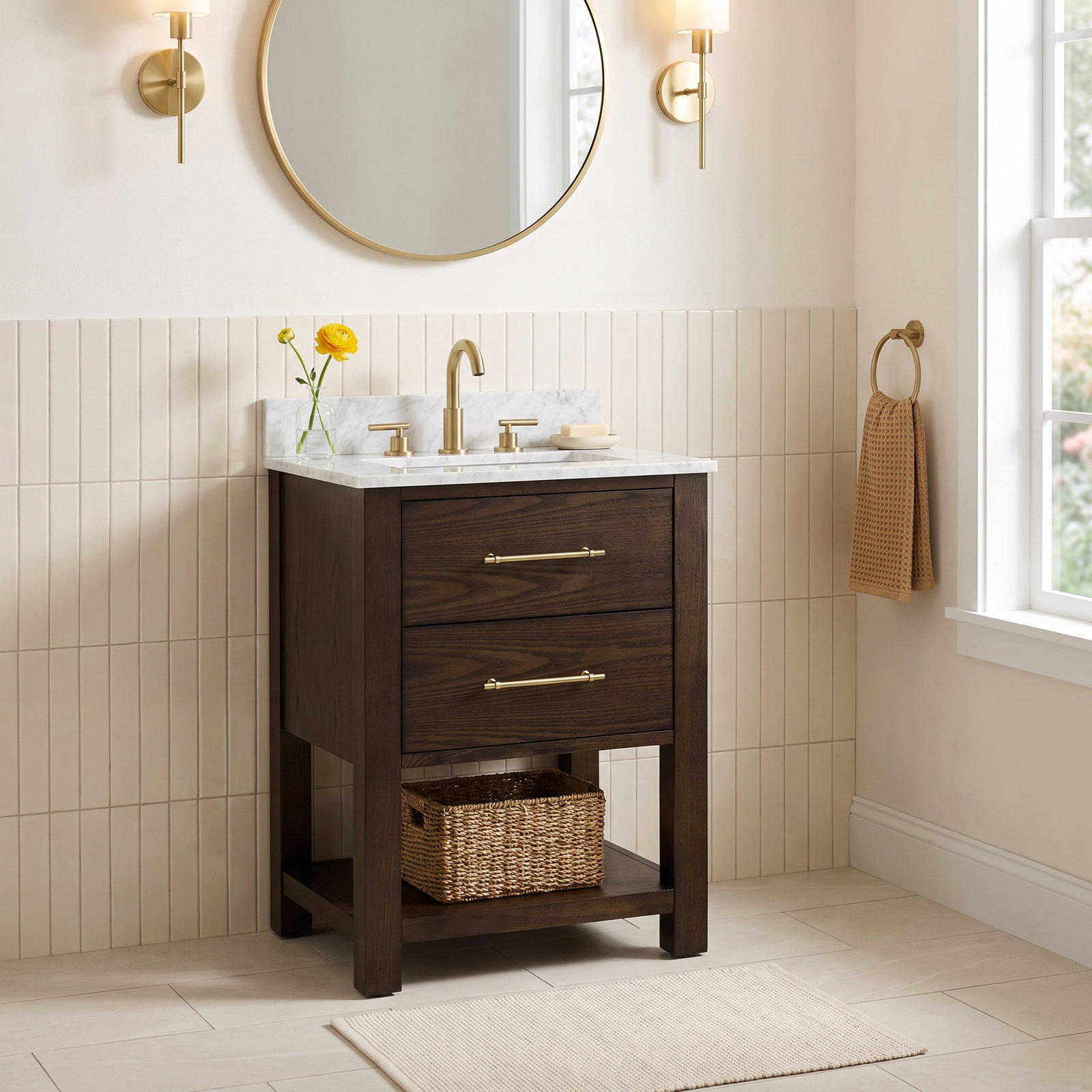 Keri 24'' Single Bathroom Vanity, Brown Oak/Antique Brass