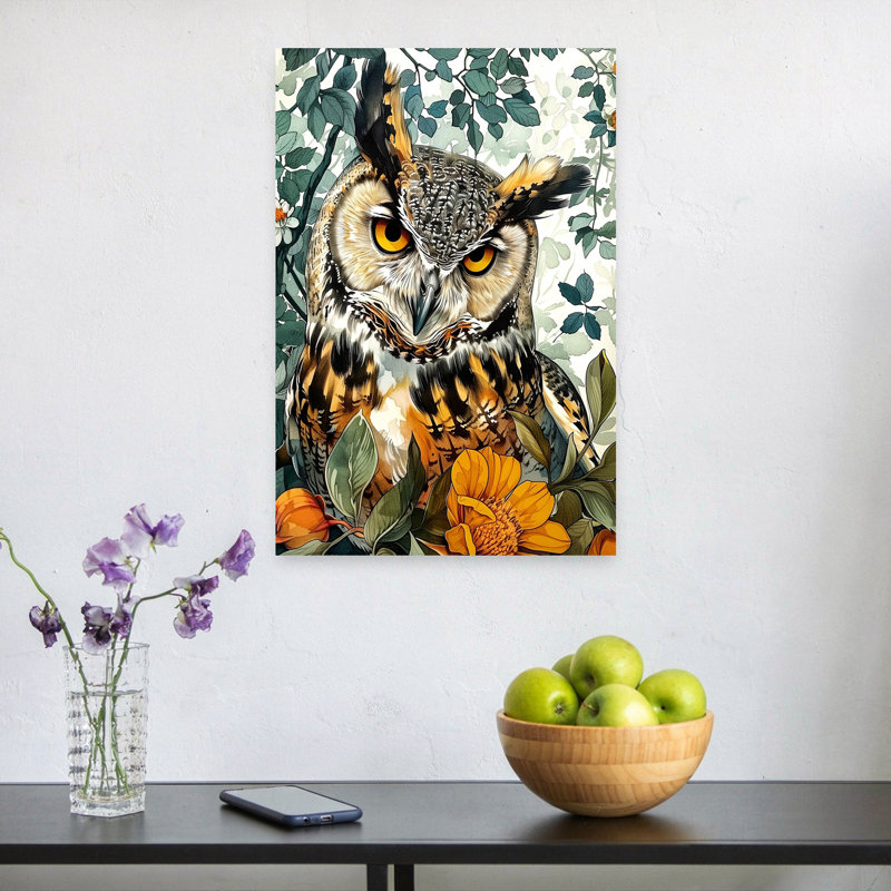 Chouette à cornes illustrée, art contemporain abstrait fleur de chouette, art mural, 24" H x 16" W