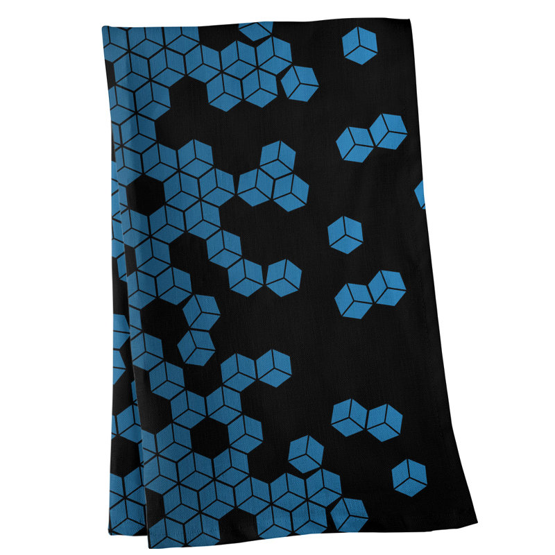 Serviette de thé à motif cube culbuté, Sergé de coton, Bleu / Noir