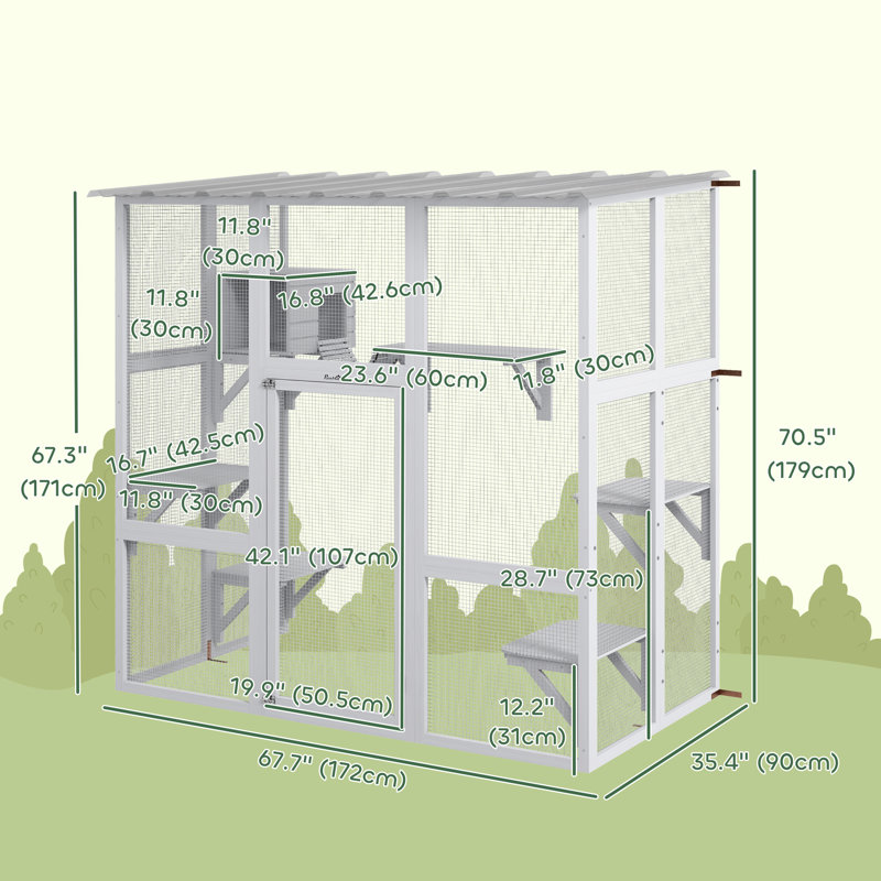 White Wooden Outdoor Cat House with Platforms and Bridge