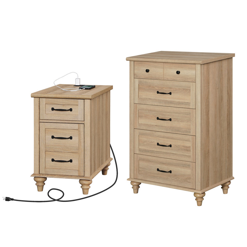 Ensemble 2 pièces de commode et table de chevet, une commode 5 tiroirs et une table de chevet, chêne