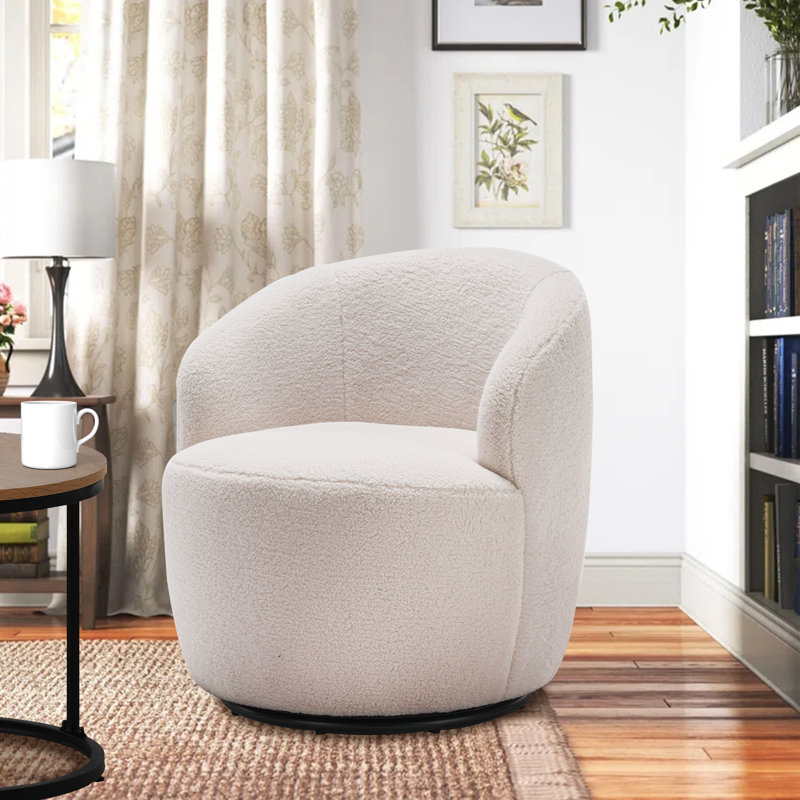 Swivel Accent Armchair Barrel Chair With Powder Coating Metal Ring, Ivory Wool, 24" W x 15" H