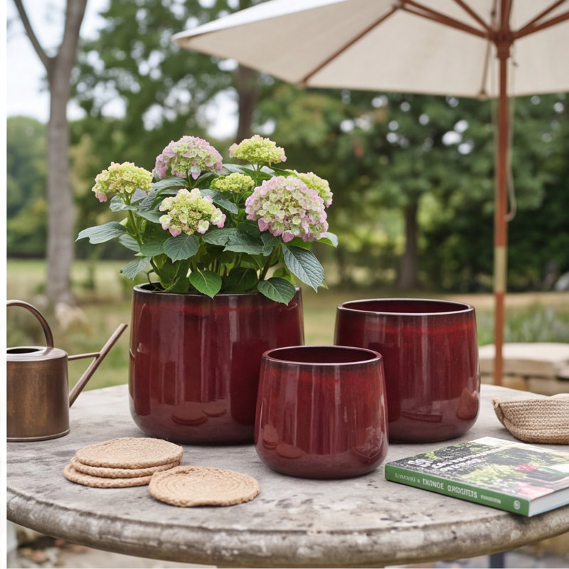 Ensemble de 4 pots de fleurs en céramique faits à la main, glacis rouge foncé tacheté, diamètre du 9 sept. 11/14 po, argile respirante pour plantes d'intérieur et d'extérieur
