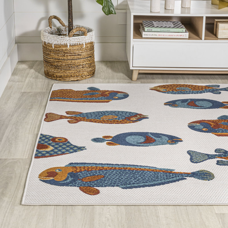 Tapis intérieur / extérieur bleu marine / orange / crème Wigand, Rectangulaire 3 pi x 5 pi