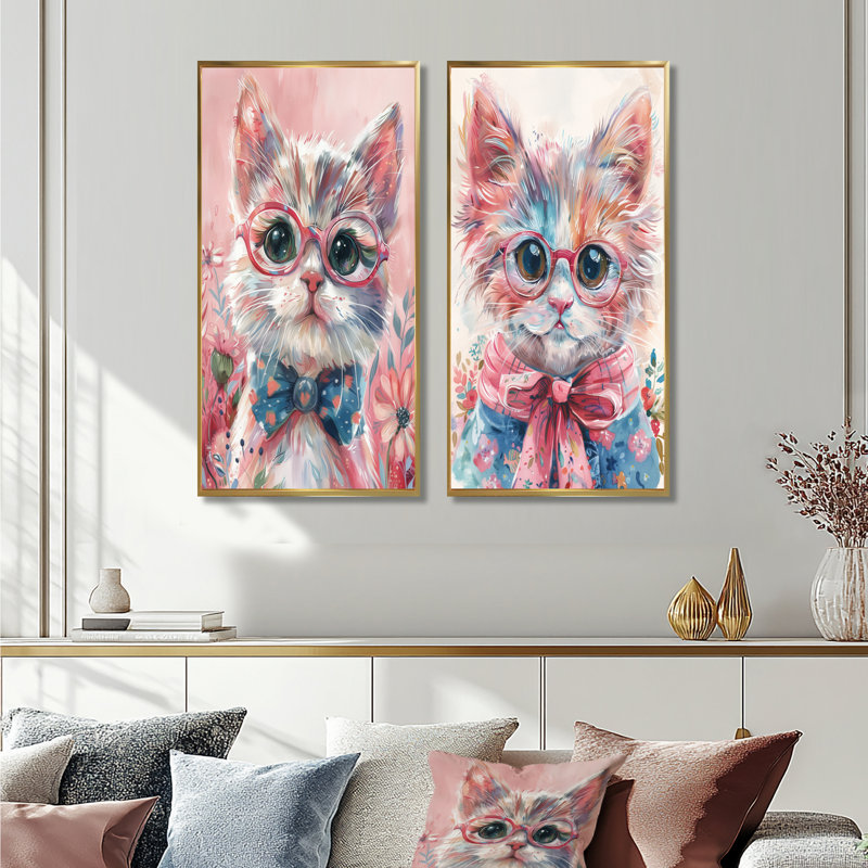 Ensemble de 2 reproductions de photos de chat I, H 32 po x l 32 po, Impression encadrée, Doré