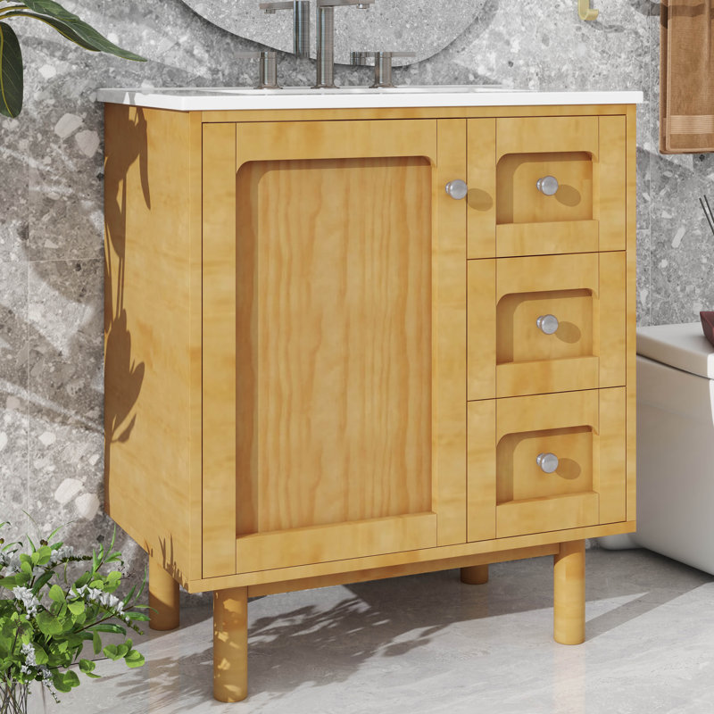 Meuble-lavabo de 30 pouces avec lavabo en céramique, 3 tiroirs, 1 grande porte à fermeture en douceur, armoire de rangement de style rustique