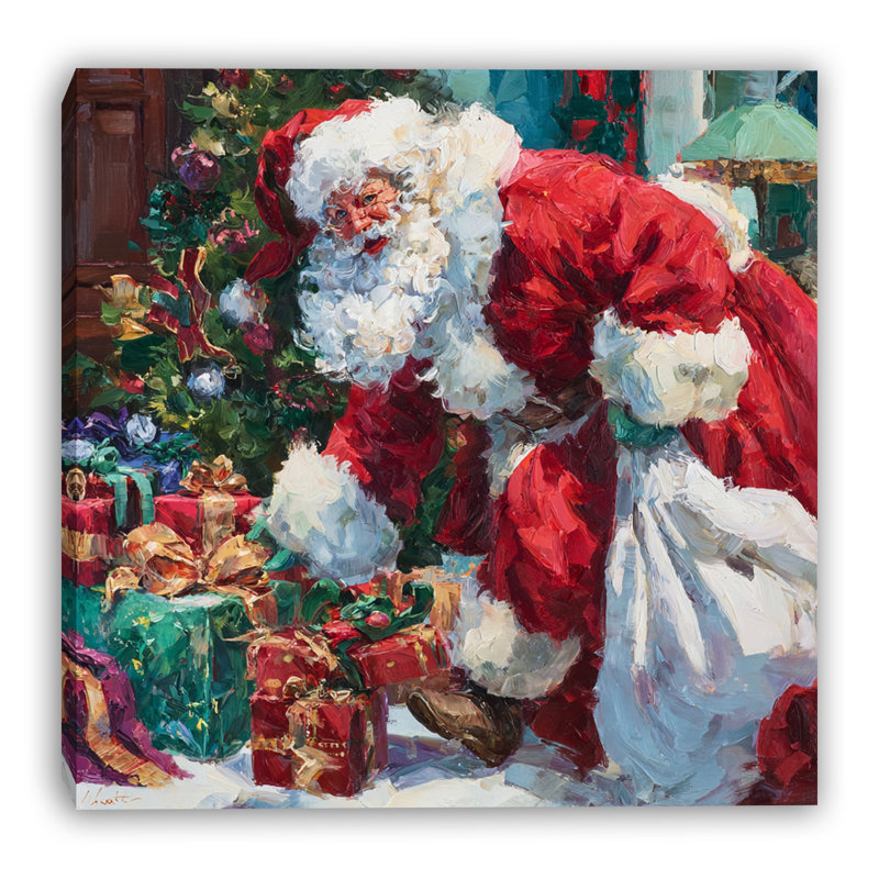 Père Noël livrant des cadeaux de Noël sur toile tendue, H 30 po x l 30 po