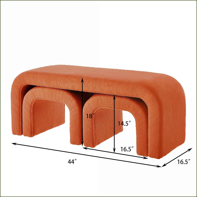 Ensemble de 3 repose-pieds en U modernes pour vestibule, chambre à coucher, salon | Sherpa en bois massif | Teddy orange