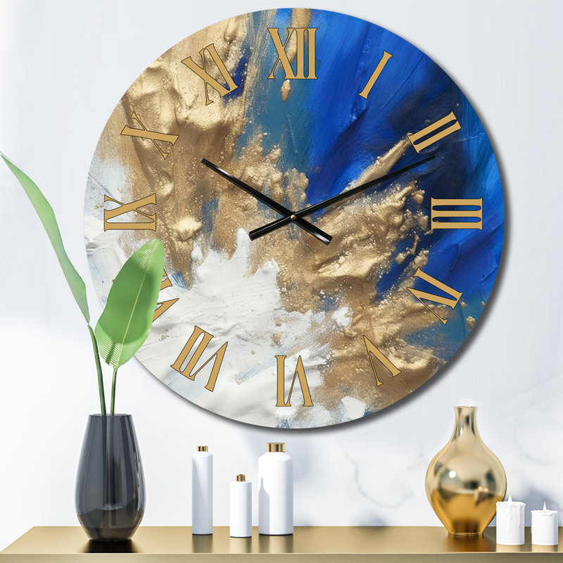 Transcendance abstraite en bleu et or II - Horloge murale abstraite, Petit