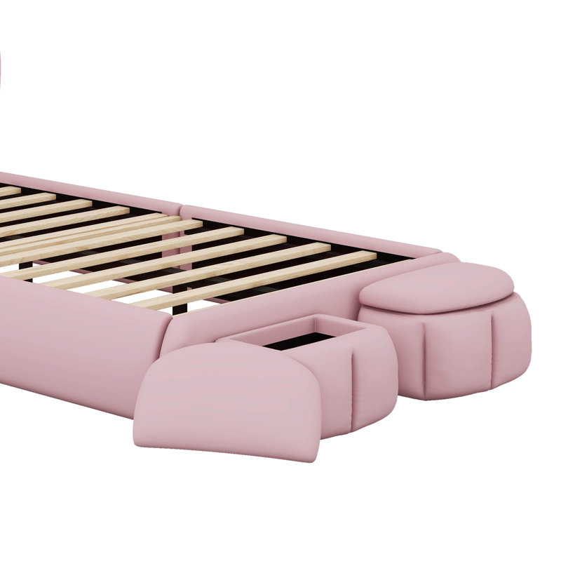 Lit plateforme tapissier avec oreilles dessinées et tête de lit légère, Rose