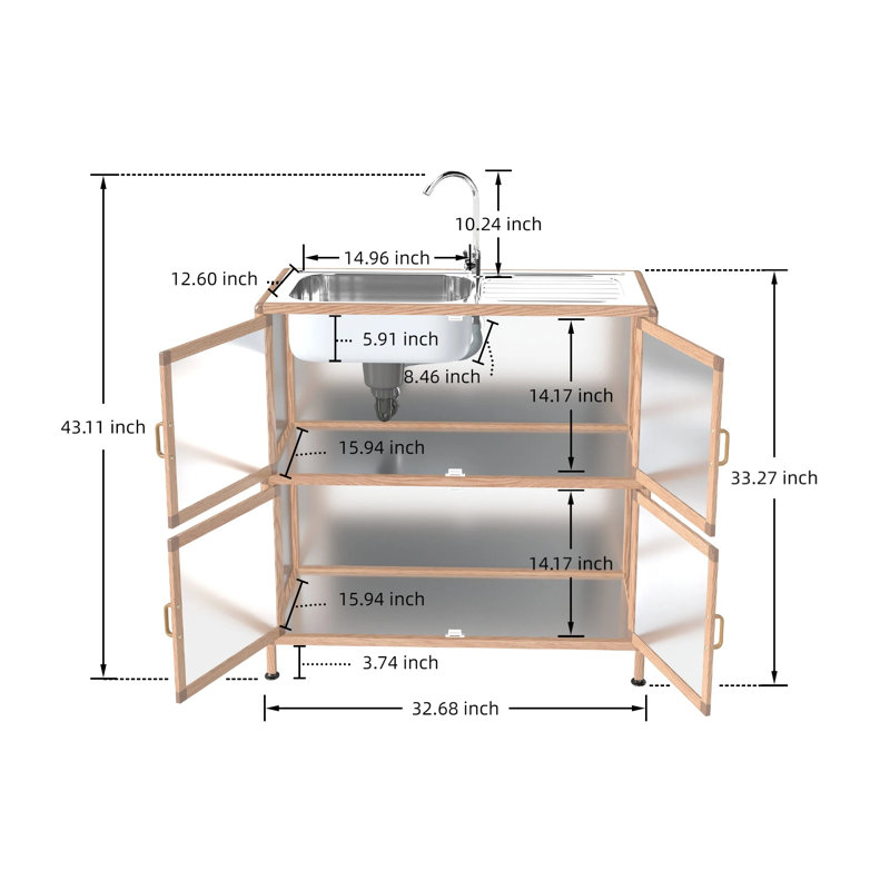 Évier utilitaire autoportant en acier inoxydable avec armoire à grain de bois imperméable à 2 niveaux