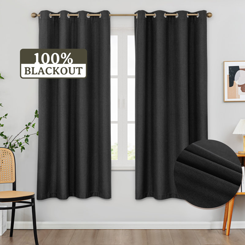 100% Blackout Thermal Insulated Polyester Curtain Pair, Black, 52" W x 72" L