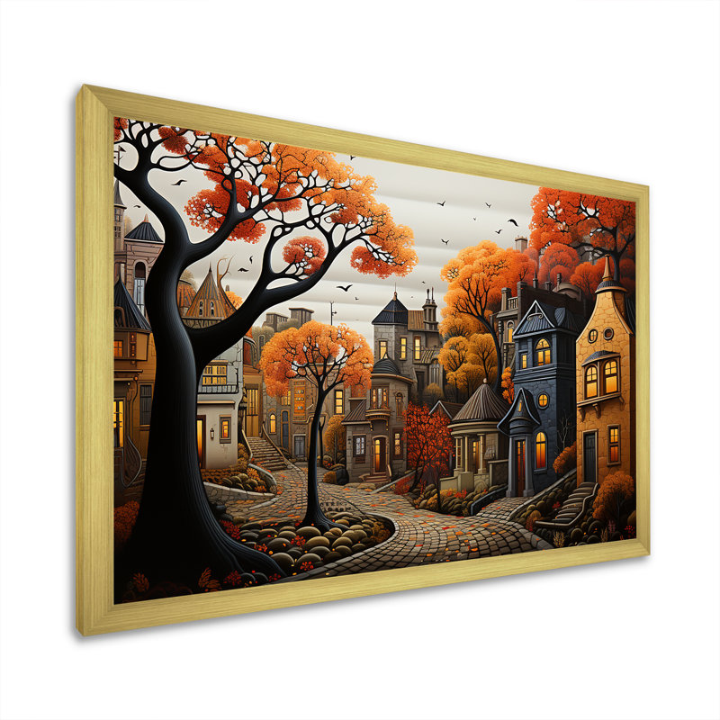 Cozy village in Autumn Moonlit III - Art mural art déco urbain, Cadre doré à coins fermés, H 24 po x l 32 po x P 1 po