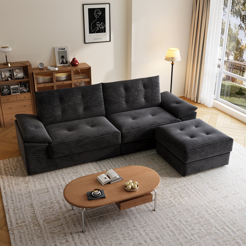 L-Shape Modular Sectional Sofa with Ottoman – Deep Seat Corduroy Sleeper Couch, Cloud-Soft All-Foam Design (No Assembly), Removable Washable Covers, Black