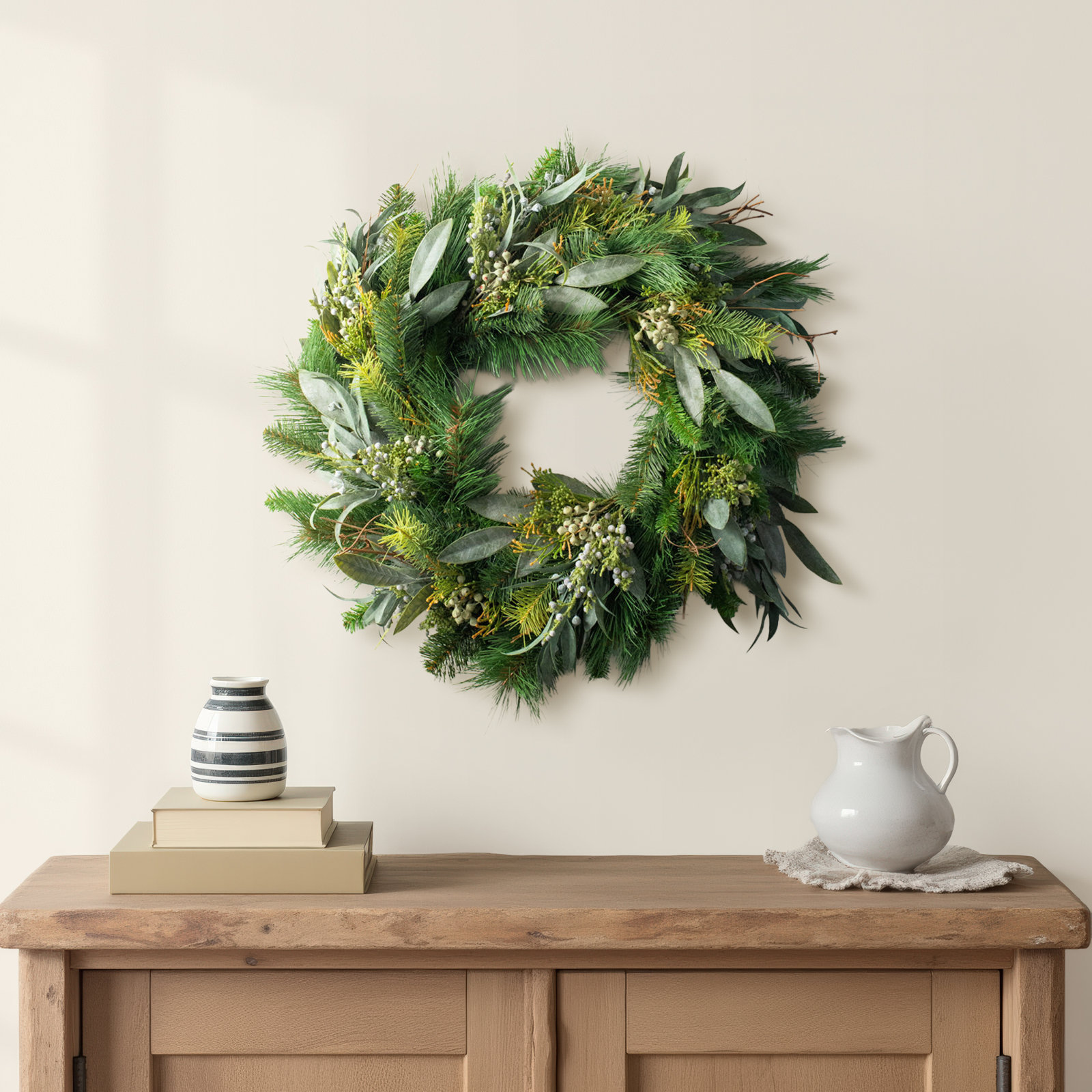 Faux Eucalyptus Silk Wreath, 24" H x 24" W x 6" D